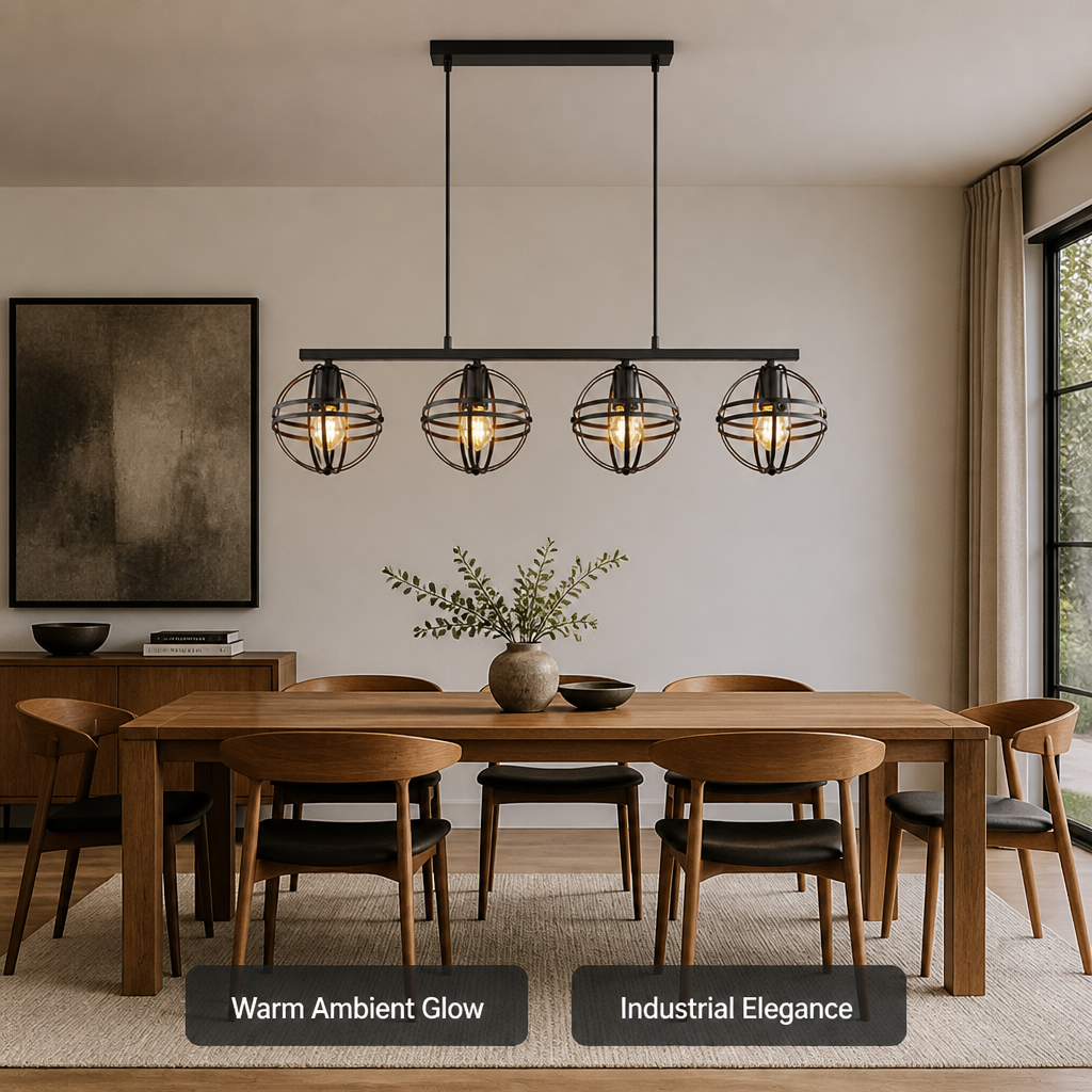Industrial Black Metal 4-Light Pendant Light
