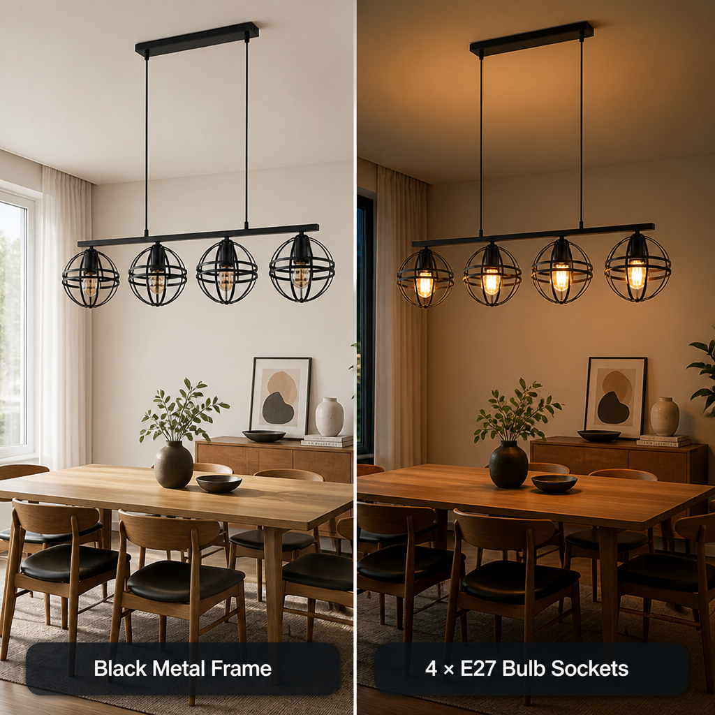 Industrial Black Metal 4-Light Pendant Light