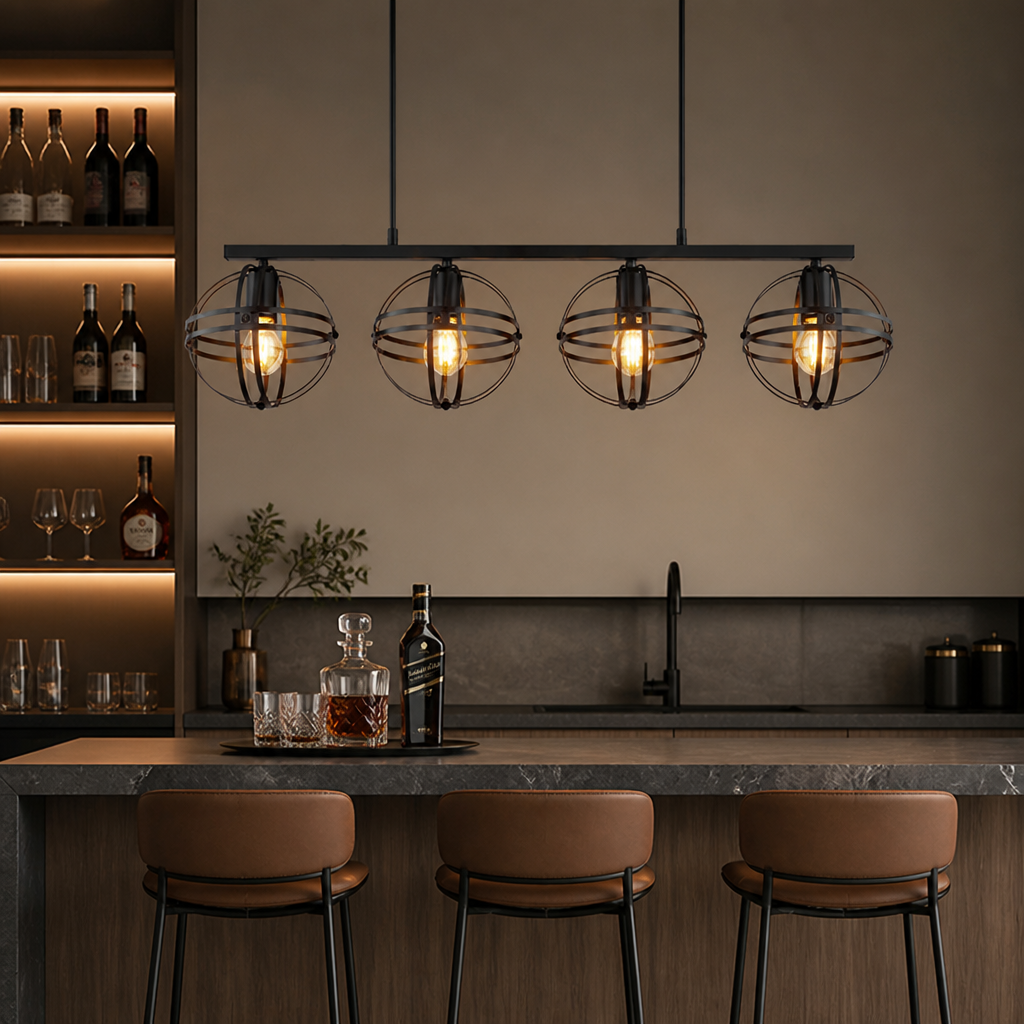 Industrial Black Metal 4-Light Pendant Light