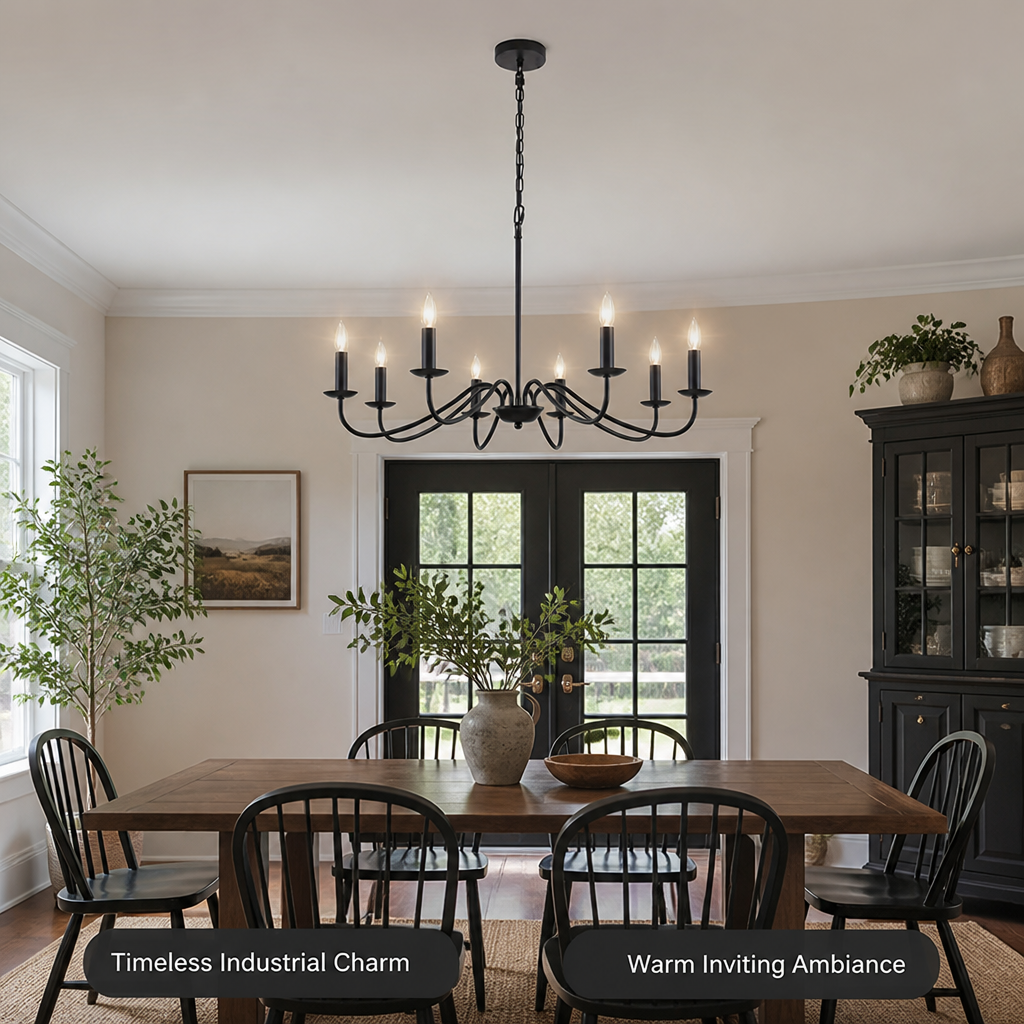 Industrial Black Metal 8-Head Pendant Light