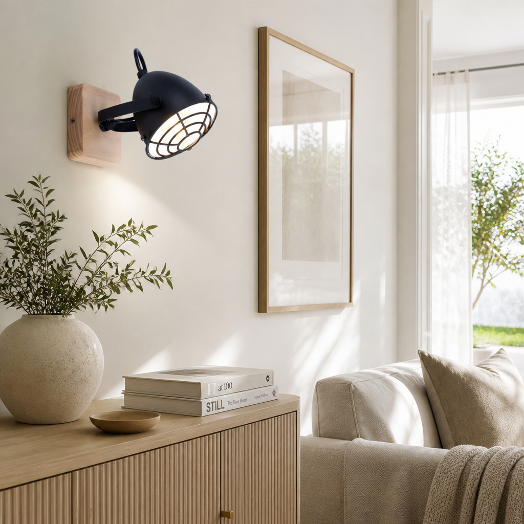 Industrial Black & Wood Adjustable Wall Sconce