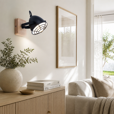 Industrial Black & Wood Adjustable Wall Sconce
