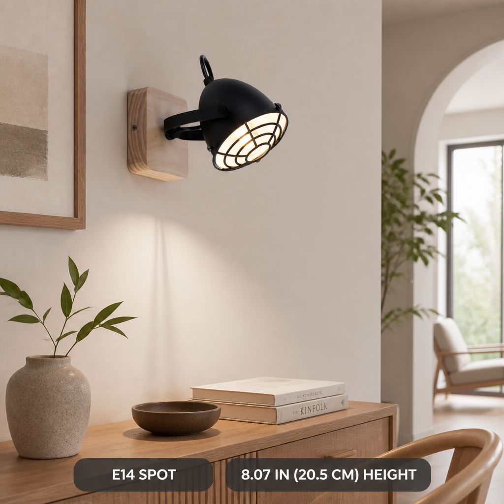 Industrial Black & Wood Adjustable Wall Sconce