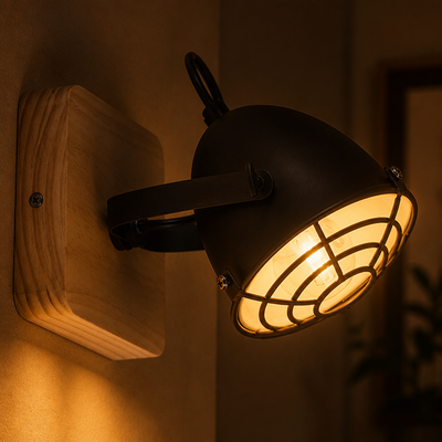 Industrial Black & Wood Adjustable Wall Sconce