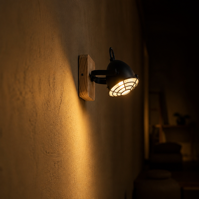 Industrial Black & Wood Adjustable Wall Sconce