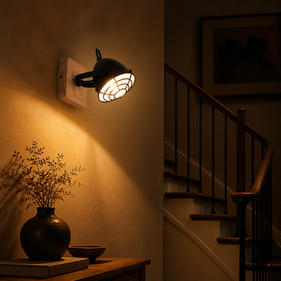 Industrial Black & Wood Adjustable Wall Sconce