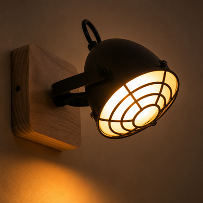 Industrial Black & Wood Adjustable Wall Sconce