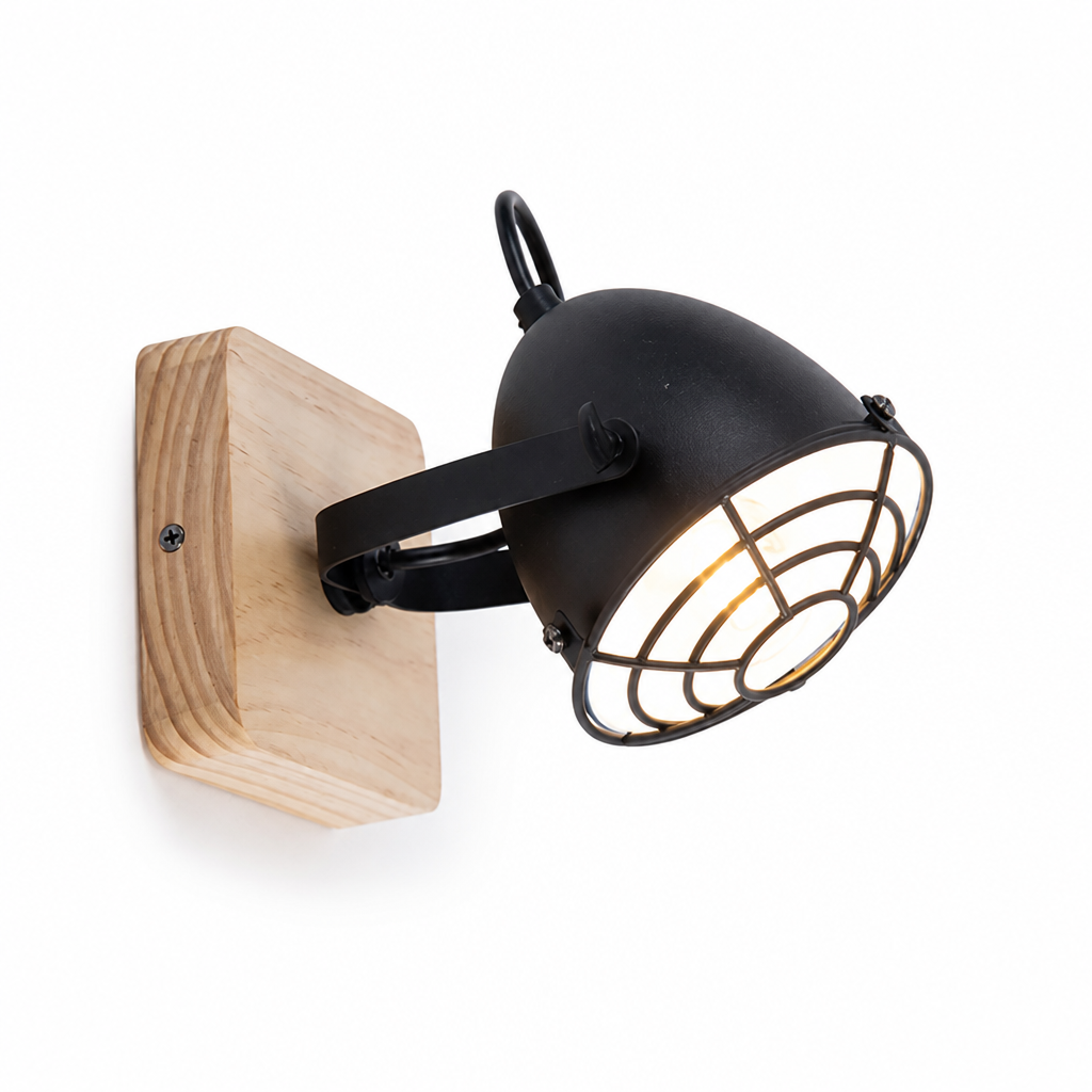 Industrial Black & Wood Adjustable Wall Sconce
