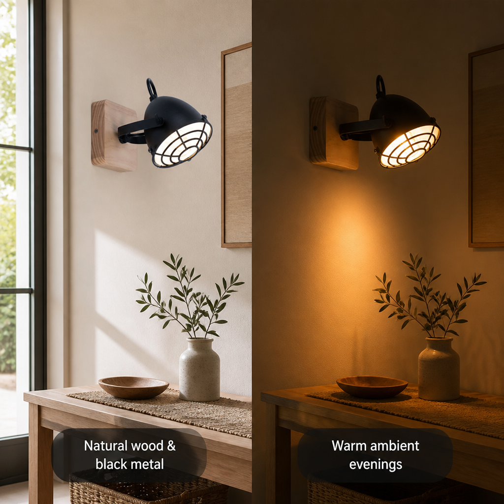 Industrial Black & Wood Grid Shade Wall Sconce