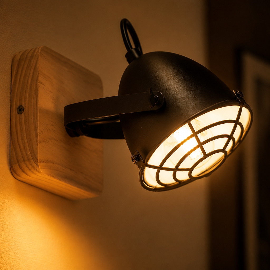 Industrial Black & Wood Grid Shade Wall Sconce