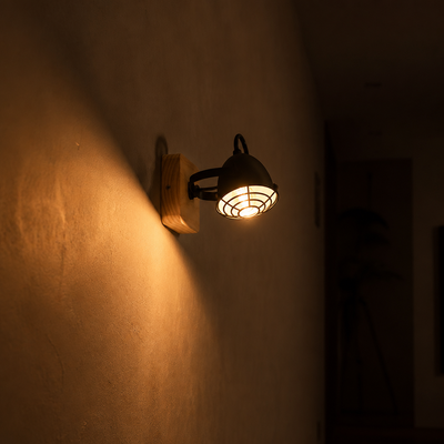 Industrial Black & Wood Grid Shade Wall Sconce