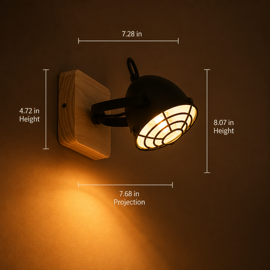 Industrial Black & Wood Grid Shade Wall Sconce