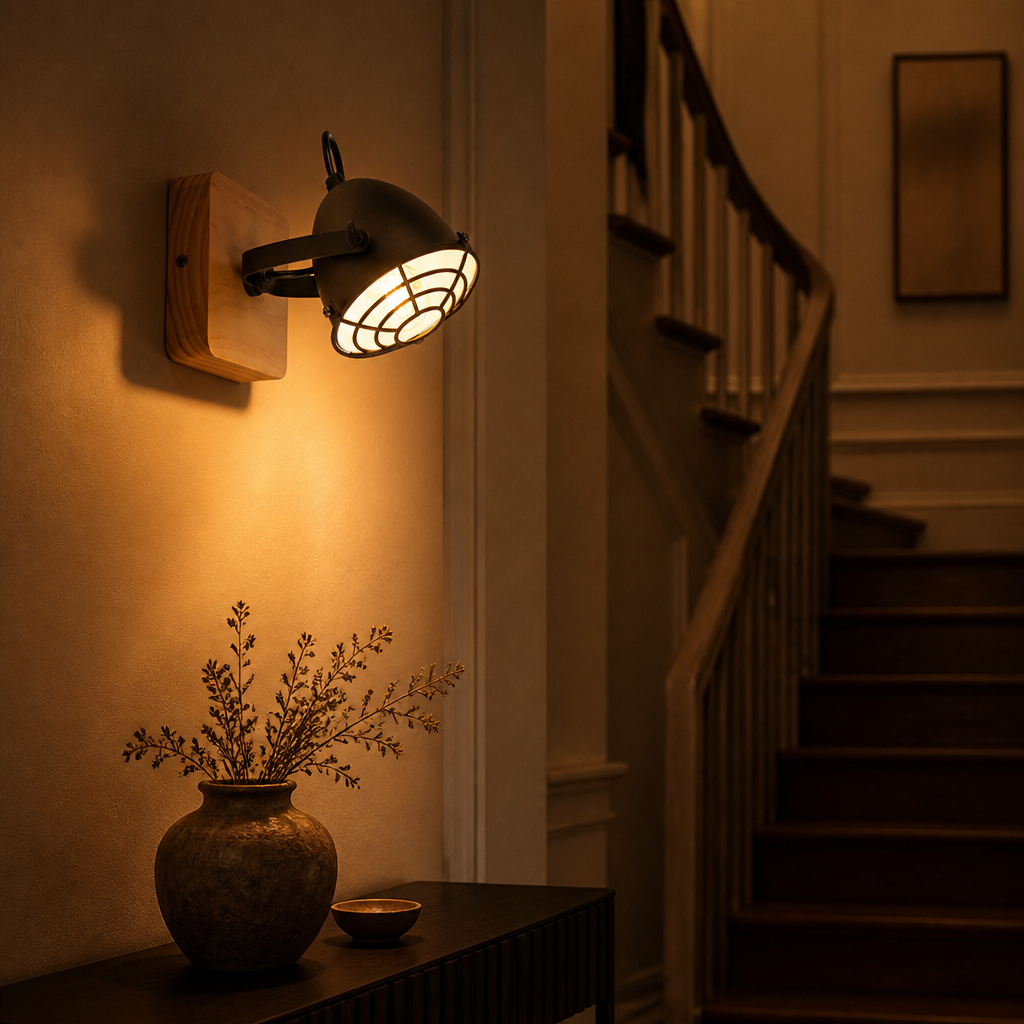 Industrial Black & Wood Grid Shade Wall Sconce