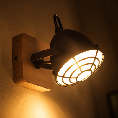 Industrial Black & Wood Grid Shade Wall Sconce