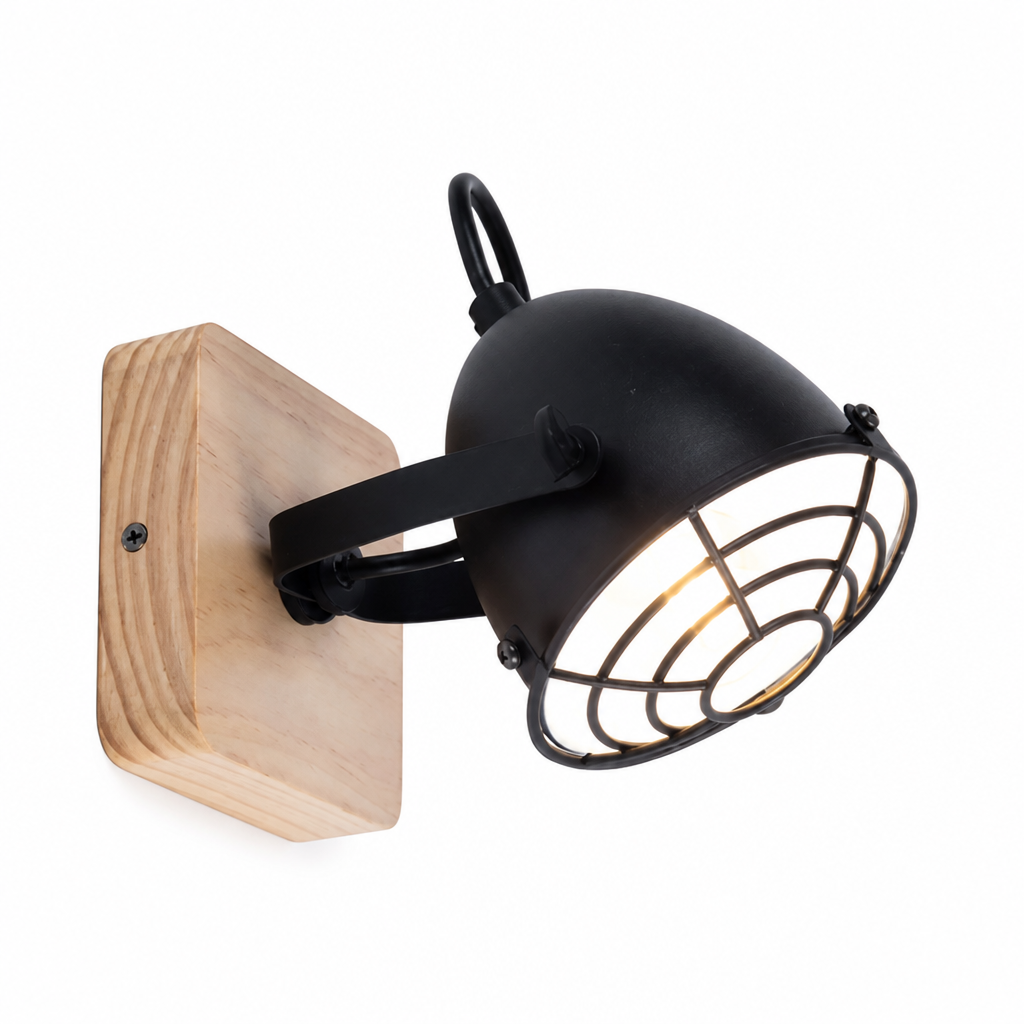 Industrial Black & Wood Grid Shade Wall Sconce