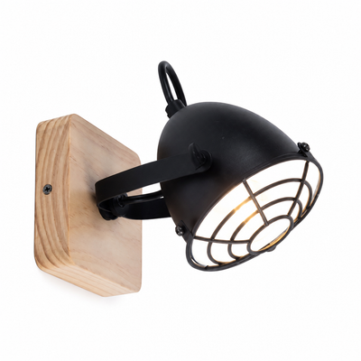 Industrial Black & Wood Grid Shade Wall Sconce