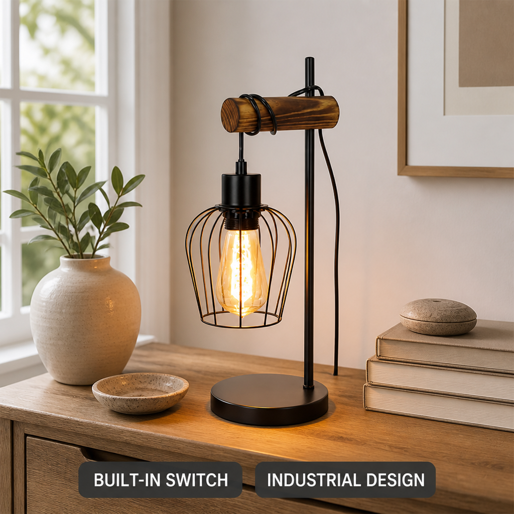 Industrial Metal & Wood Table Lamp