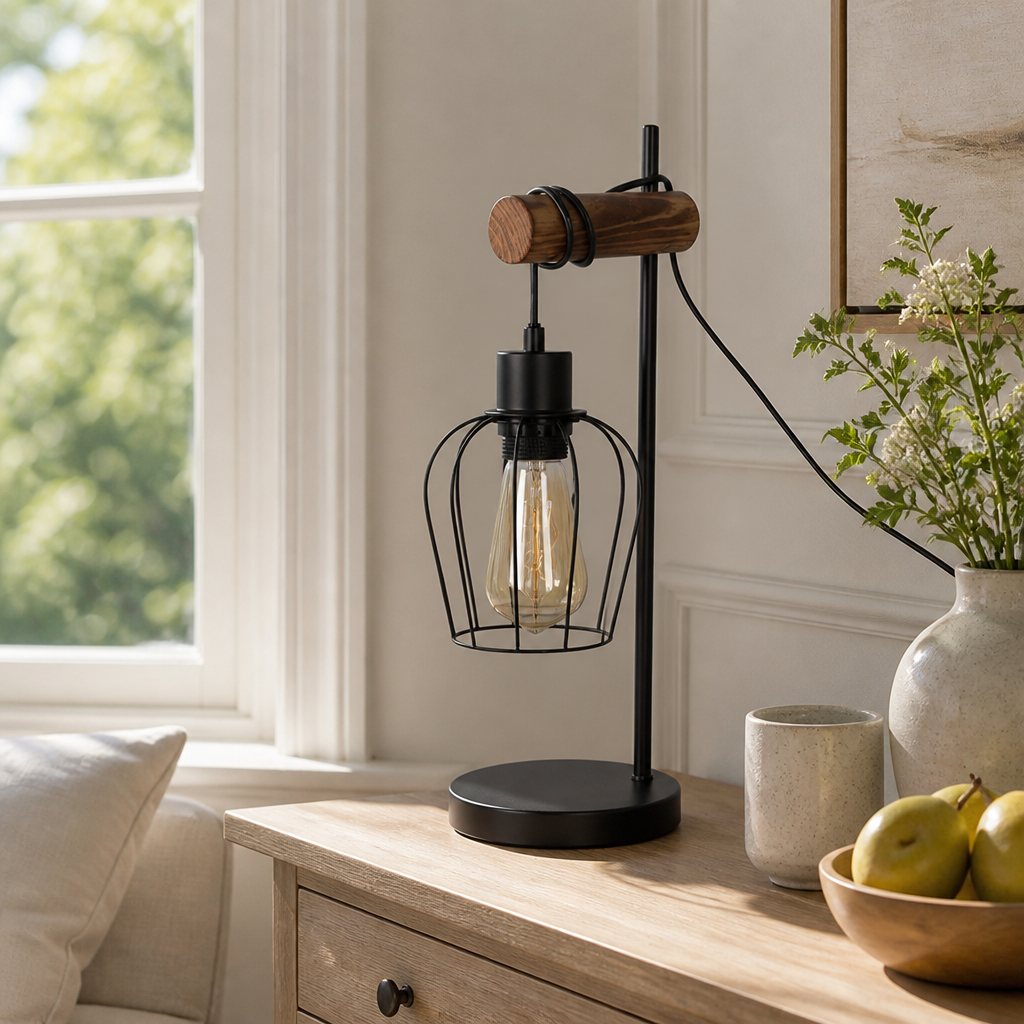Industrial Metal & Wood Table Lamp