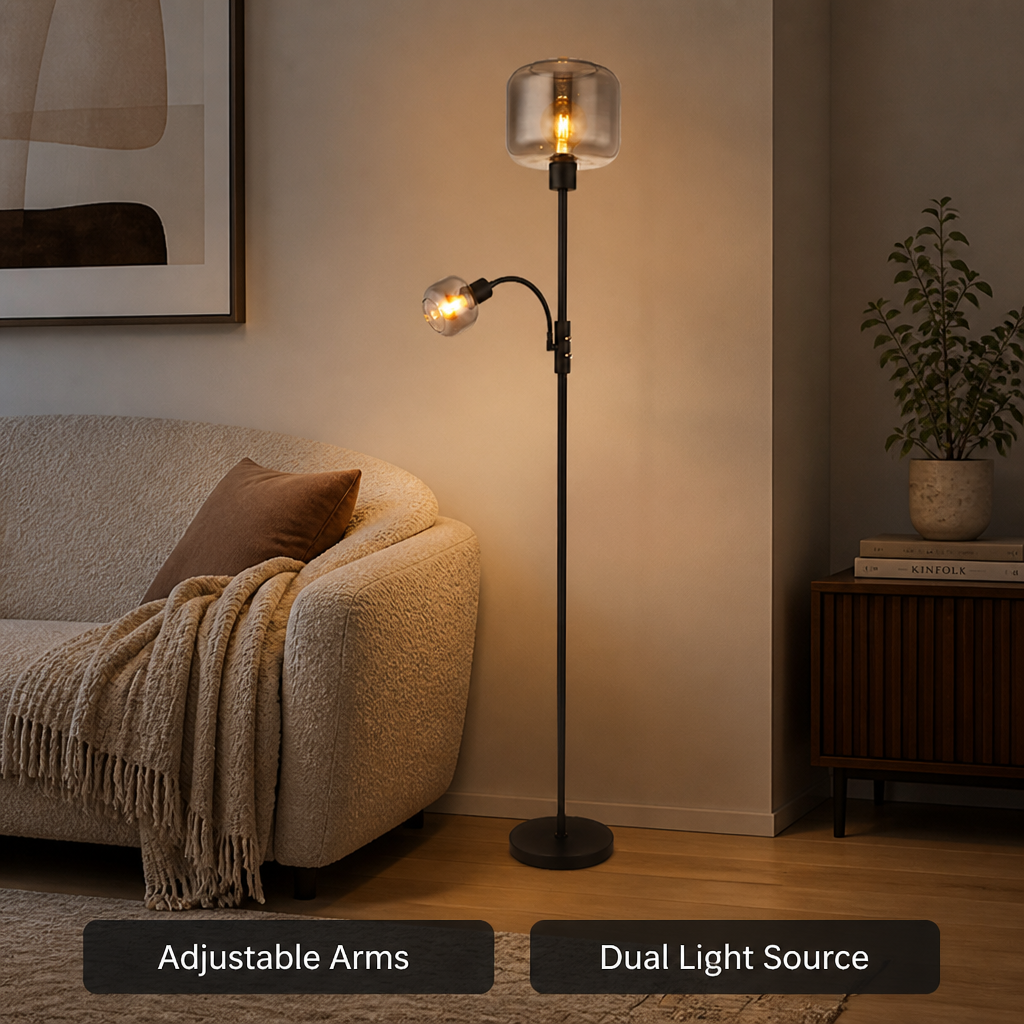 Industrial Smoked Glass Adjustable Arms Floor Lamp