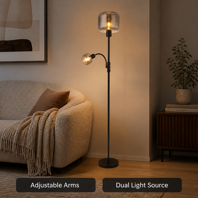 Industrial Smoked Glass Adjustable Arms Floor Lamp