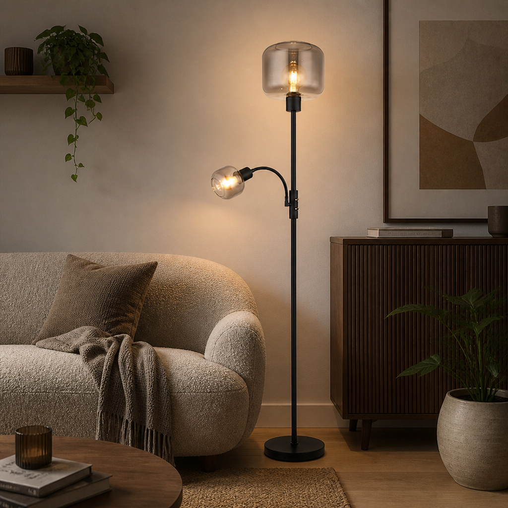 Industrial Smoked Glass Adjustable Arms Floor Lamp