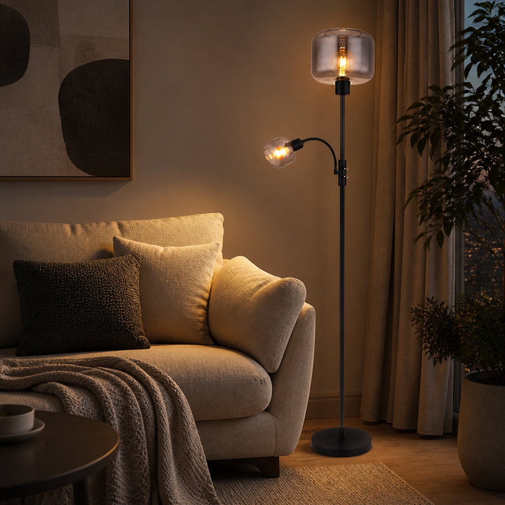 Industrial Smoked Glass Adjustable Arms Floor Lamp