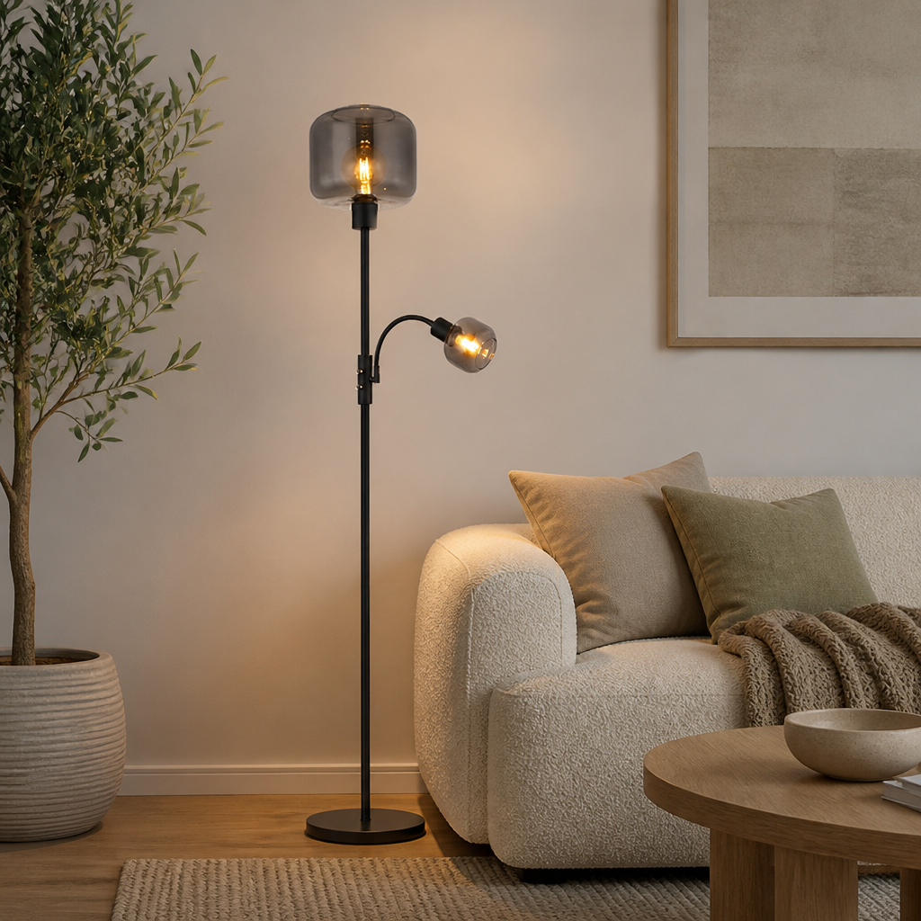 Industrial Smoked Glass Adjustable Arms Floor Lamp