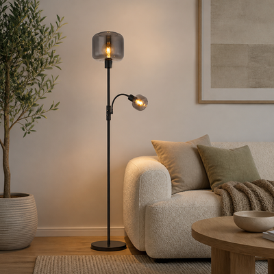 Industrial Smoked Glass Adjustable Arms Floor Lamp