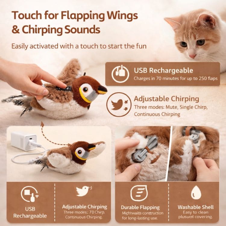 Interactive Cat Toy Lifelike Wings & Bird Sounds USB Rechargeable
