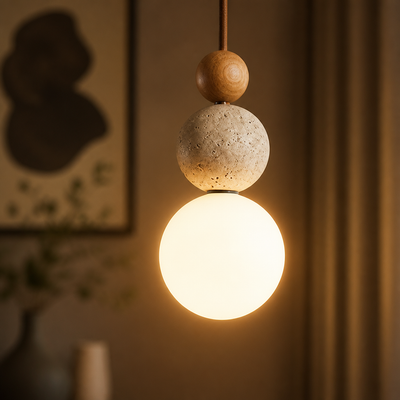 Japandi Stone & Wood LED Chandelier