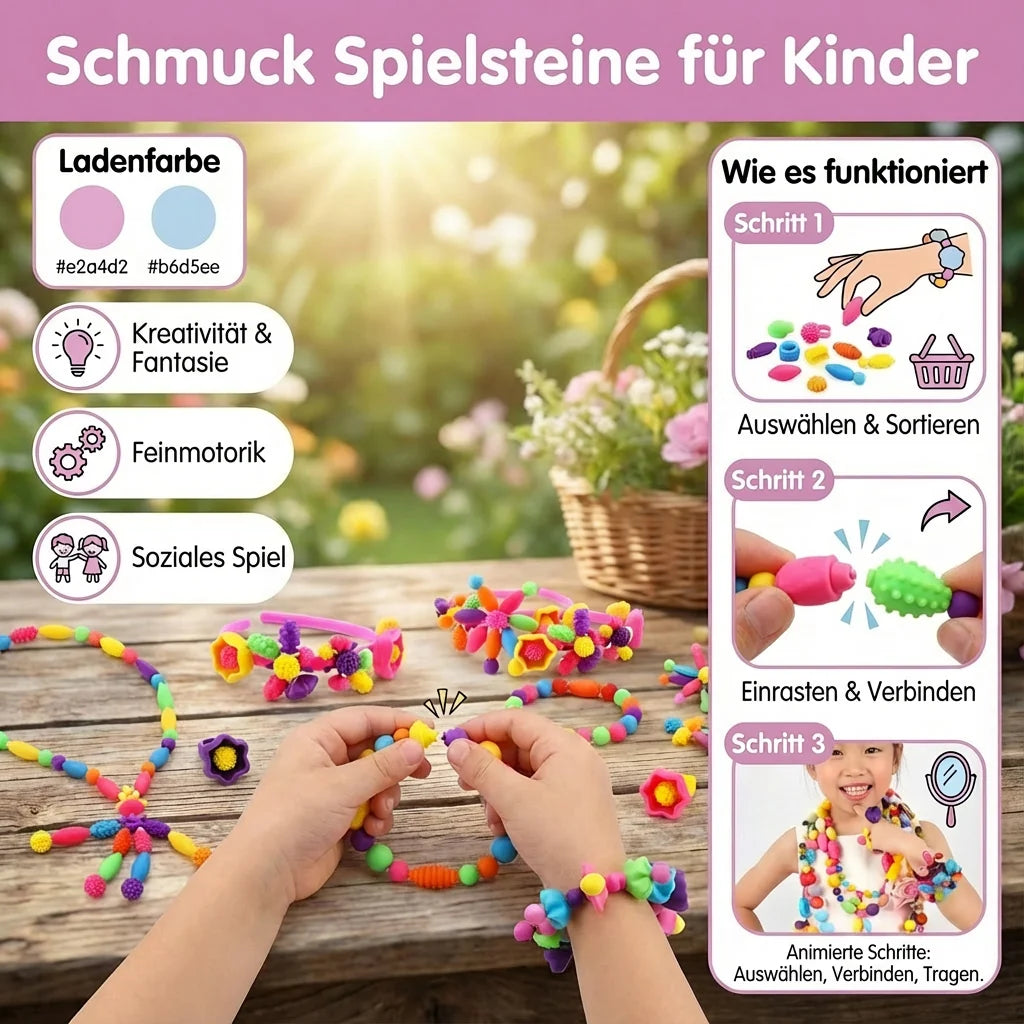 Kids Bead Set Over 500 Pieces Snap-Together Non-Toxic