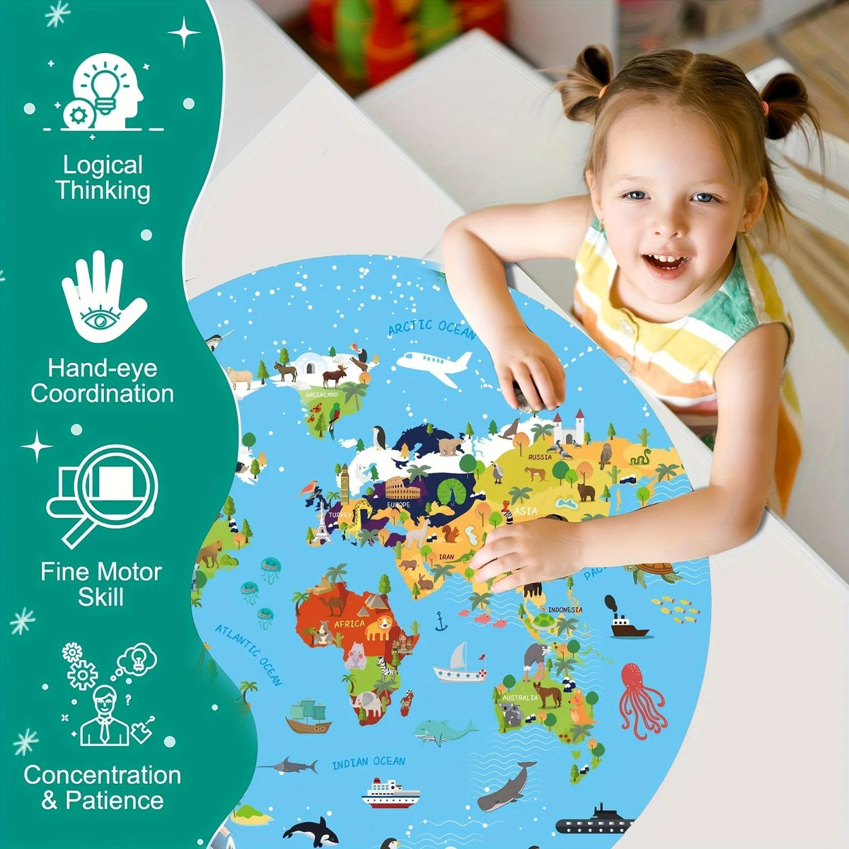 Kids Floor Puzzle Round World Map 70 Pieces