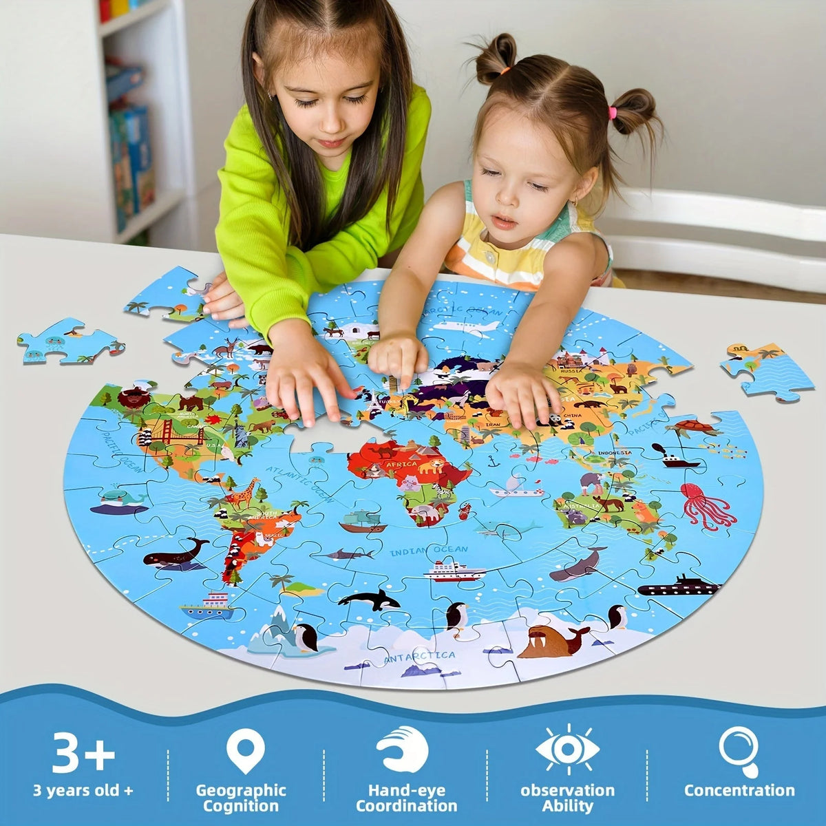 Kids Floor Puzzle Round World Map Animal Motifs 70 Pieces