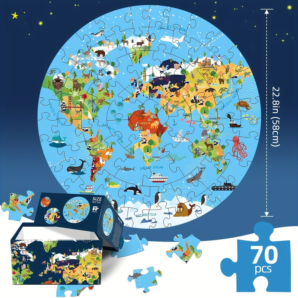 Kids Floor Puzzle Round World Map Animal Motifs 70 Pieces