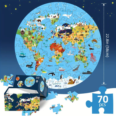 Kids Floor Puzzle Round World Map Animal Motifs 70 Pieces
