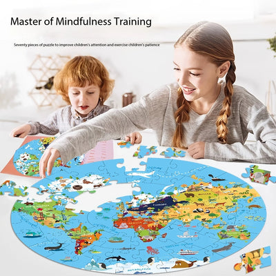 Kids Floor Puzzle Round World Map Animal Motifs 70 Pieces