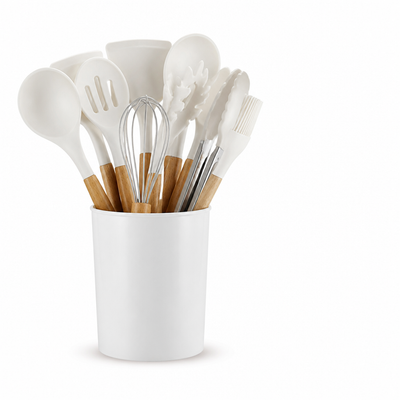 Kitchen Utensil Set 11-Piece Heat-Resistant Silicone With Wood Handles