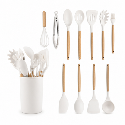 Kitchen Utensil Set 11-Piece Heat-Resistant Silicone With Wood Handles