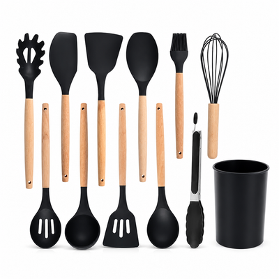 Kitchen Utensil Set 11-Piece Heat-Resistant Silicone With Wood Handles