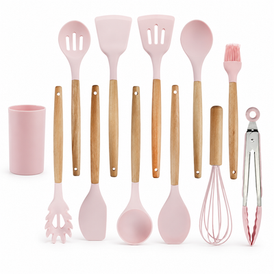 Kitchen Utensil Set 11-Piece Heat-Resistant Silicone With Wood Handles