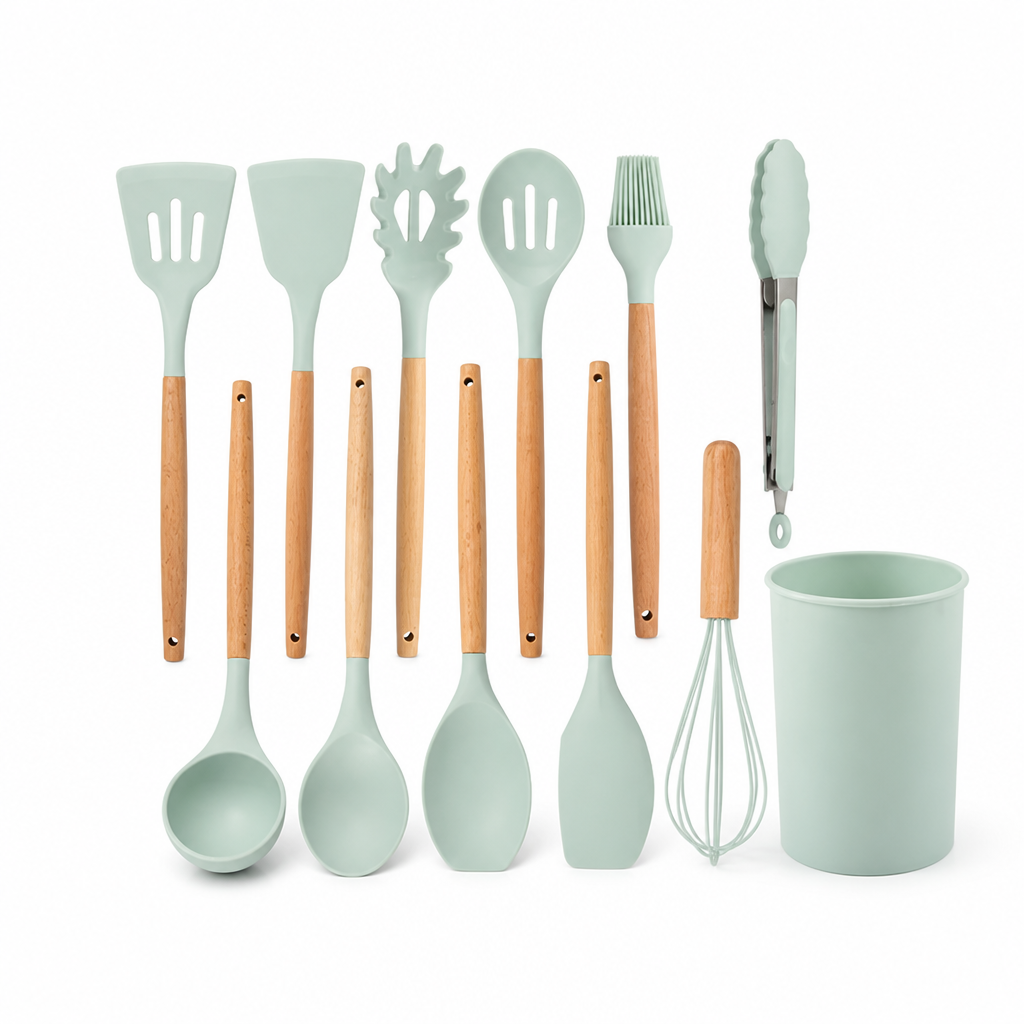 Kitchen Utensil Set 11-Piece Heat-Resistant Silicone With Wood Handles