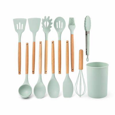 Kitchen Utensil Set 11-Piece Heat-Resistant Silicone With Wood Handles