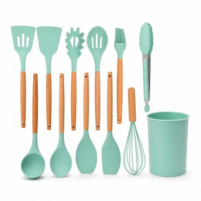Kitchen Utensil Set 11-Piece Heat-Resistant Silicone With Wood Handles