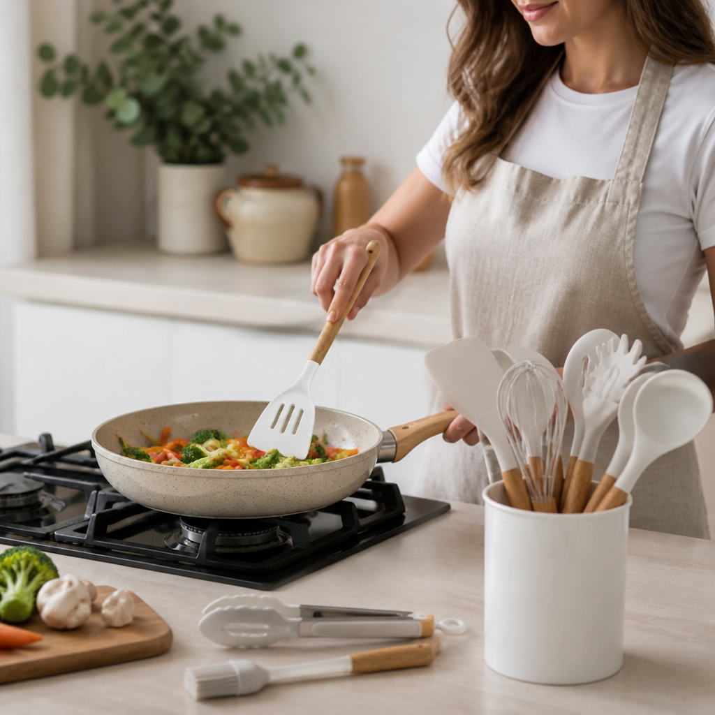 Kitchen Utensil Set 11-Piece Heat-Resistant Silicone With Wood Handles