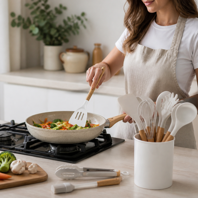Kitchen Utensil Set 11-Piece Heat-Resistant Silicone With Wood Handles
