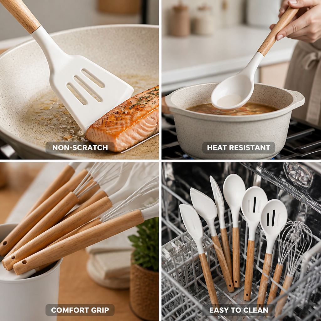 Kitchen Utensil Set 11-Piece Heat-Resistant Silicone With Wood Handles
