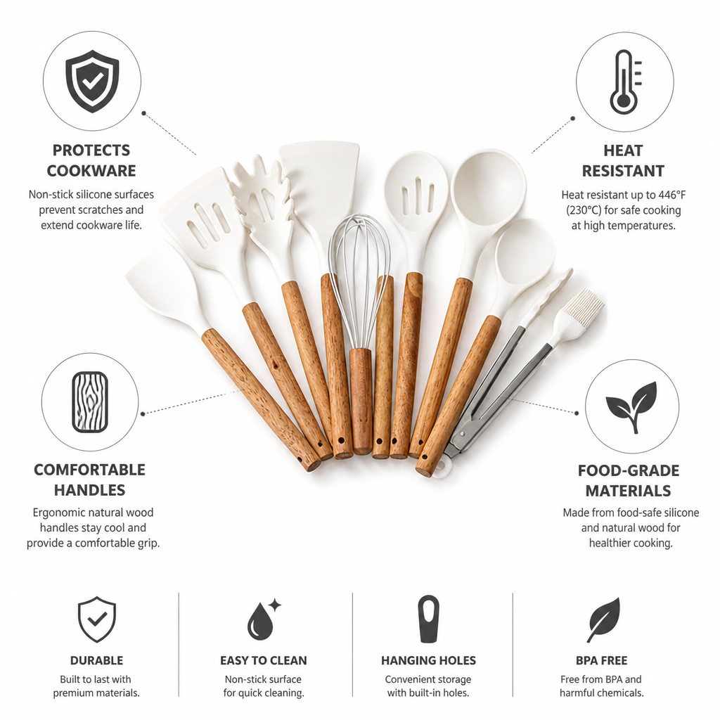 Kitchen Utensil Set 11-Piece Heat-Resistant Silicone With Wood Handles