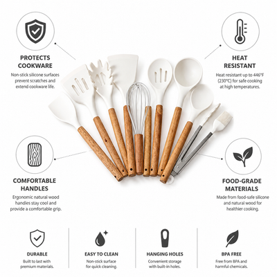 Kitchen Utensil Set 11-Piece Heat-Resistant Silicone With Wood Handles