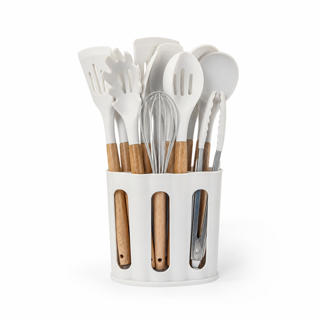 Kitchen Utensil Set 11-Piece Heat-Resistant Silicone With Wood Handles