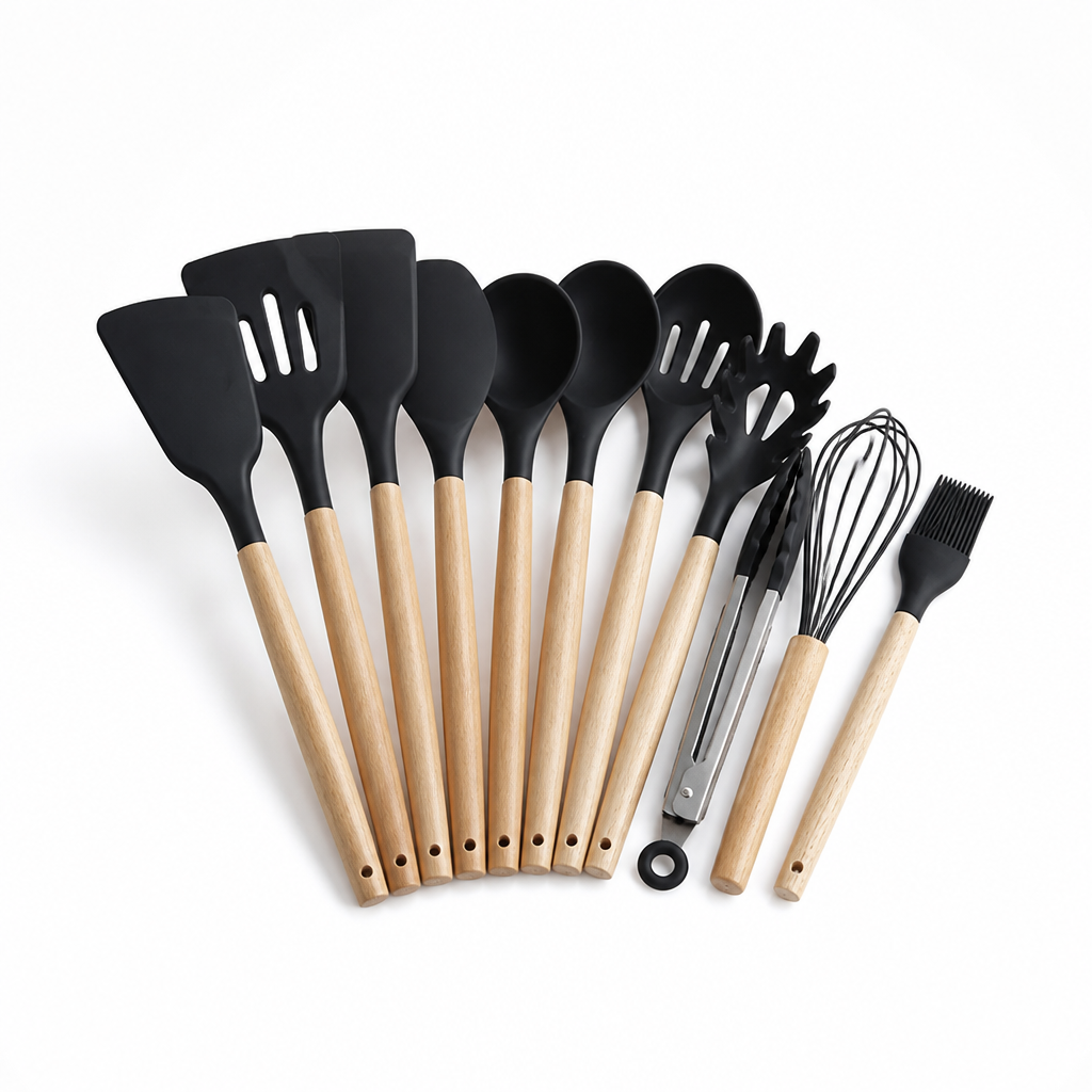 Kitchen Utensil Set 11-Piece Heat-Resistant Silicone With Wood Handles